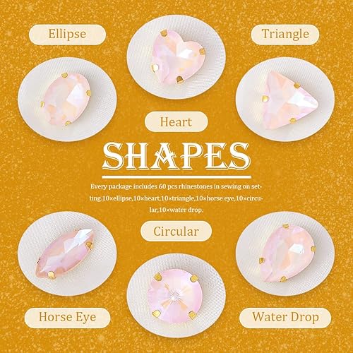 Miniatura 3 de TANOSII 60 diamantes de imitación para coser con formas mixtas, gemas de cristal con parte trasera plana mental con garra dorada para joyas,