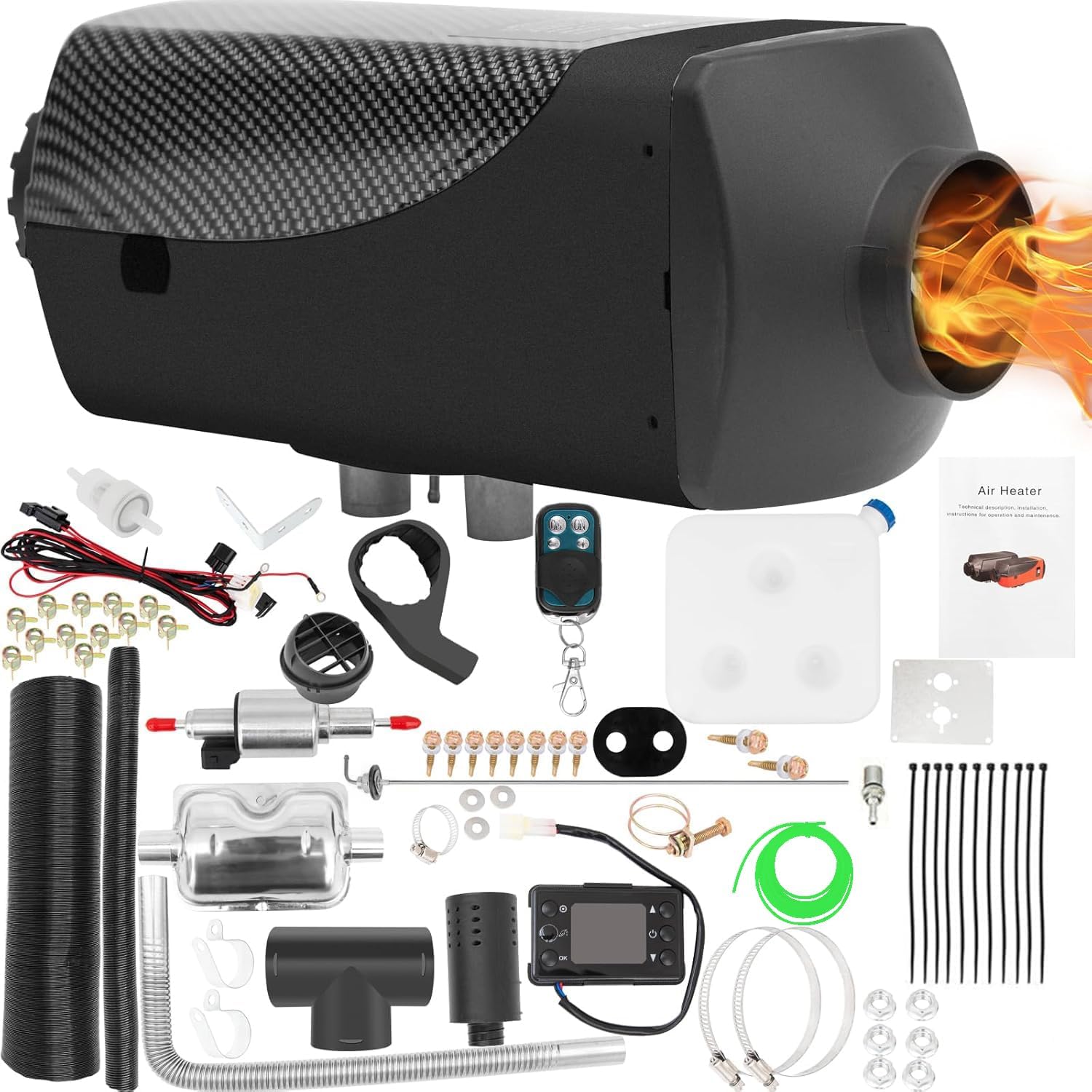 Diesel Air Heater 12V, 10L Tank, Diesel Heater 8KW, Muffler, Diesel Air Car Parking Heater with Upgraded LCD Thermostat Monitor & Remote Control for RV, Garage, Car Trailer, Truck, Boat，Black