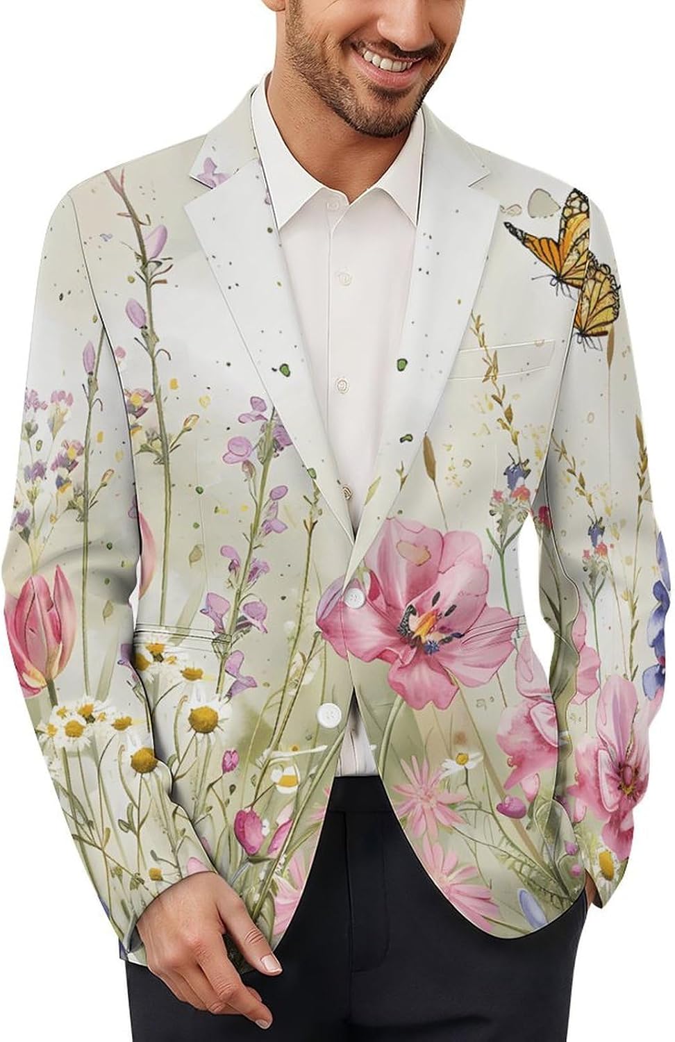Watercolor Wildflowers Butterflies Mens Casual Blazer Sport Coat Two Buttons Business Jackets