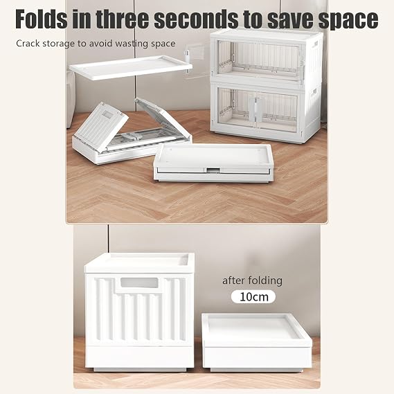 Stackable Storage Bins with Double Doors, Transparent Storage Box, White Closet Organizers and Storage, Space Saving Thick Folding Storage Box For Kitchen Dorm Room Bathroom (L)