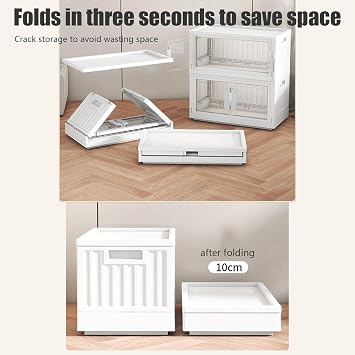 Stackable Storage Bins with Double Doors, Transparent Storage Box, White Closet Organizers and Storage, Space Saving Thick Folding Storage Box For Kitchen Dorm Room Bathroom (L)