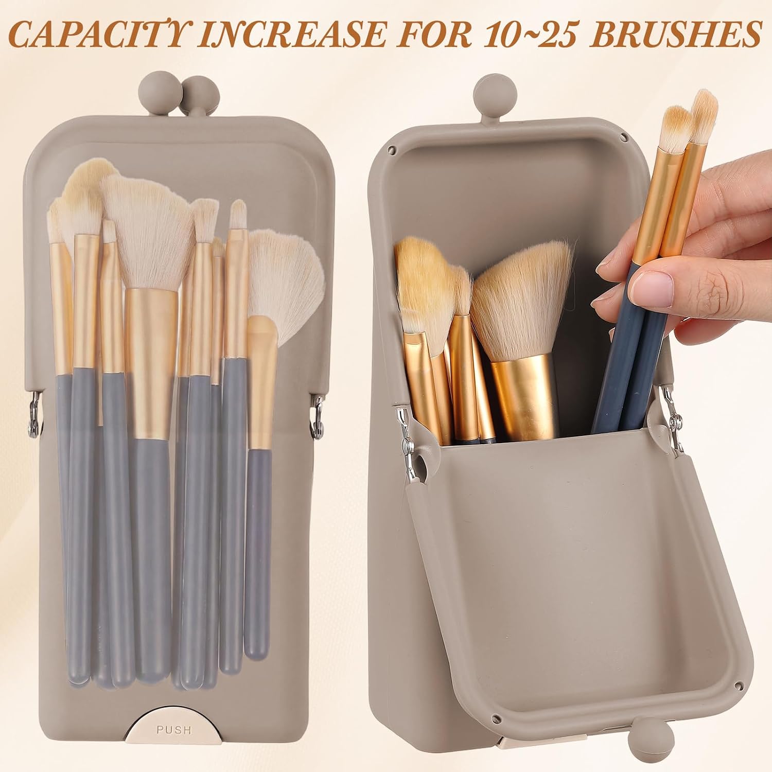 Kacctyen Makeup Brush Case Silicone Standing Makeup Brush Holder,Oatmeal | Silicone Make up Travel Bag with Suction Portable Cosmetic Organizer Phone Stand Pouch for Travel Home Back to School Use