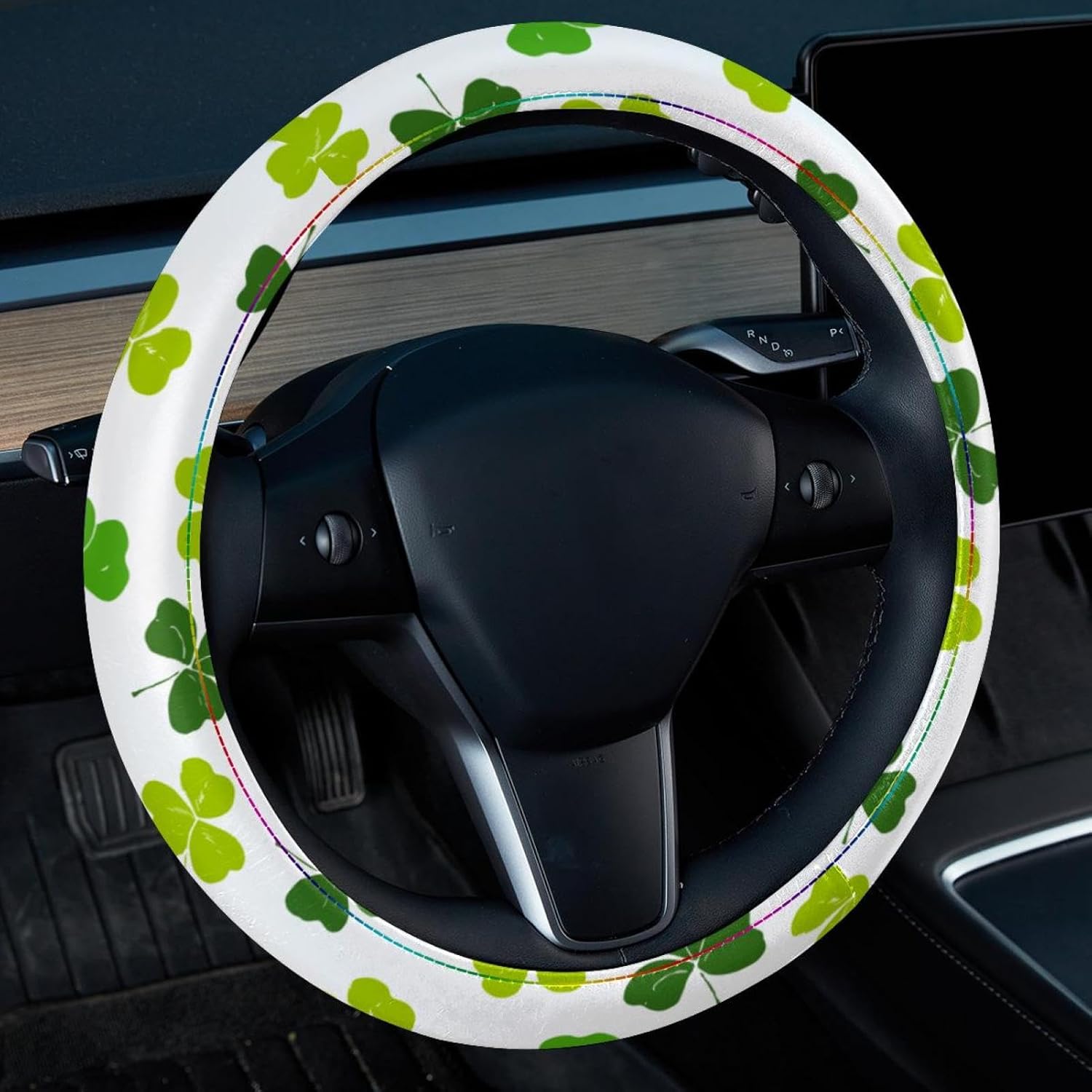 Leather Steering Wheel Cover for Women, with Clover Universal Fit 14.5-15 inch Anti-Slip Car Steering Wheel Protector Car Interior Accessories for Vehicle SUV Trucks
