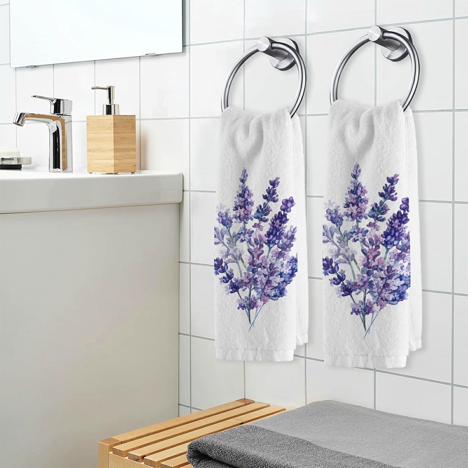 Soft Cotton Face Wash Towels Lavender Flowers Spring Watercolor Purple Bath Hand Towels for Working Out Bathroom Decorative Set of 2 for Guest Shower 16x30 Inches
