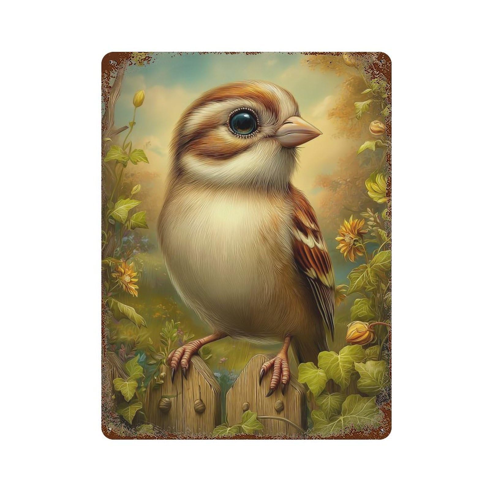 Cute Sparrow on Fence Decorative Tin Sign 15.7"x11.8", Ideal for Garage, Bar And Workshop Decor