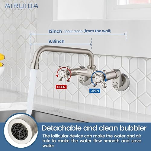 Vista 2 de Airuida Grifo de cocina de níquel cepillado para montaje en pared, boquilla de 8 pulgadas, montaje en pared, grifo de fregadero de lavandería