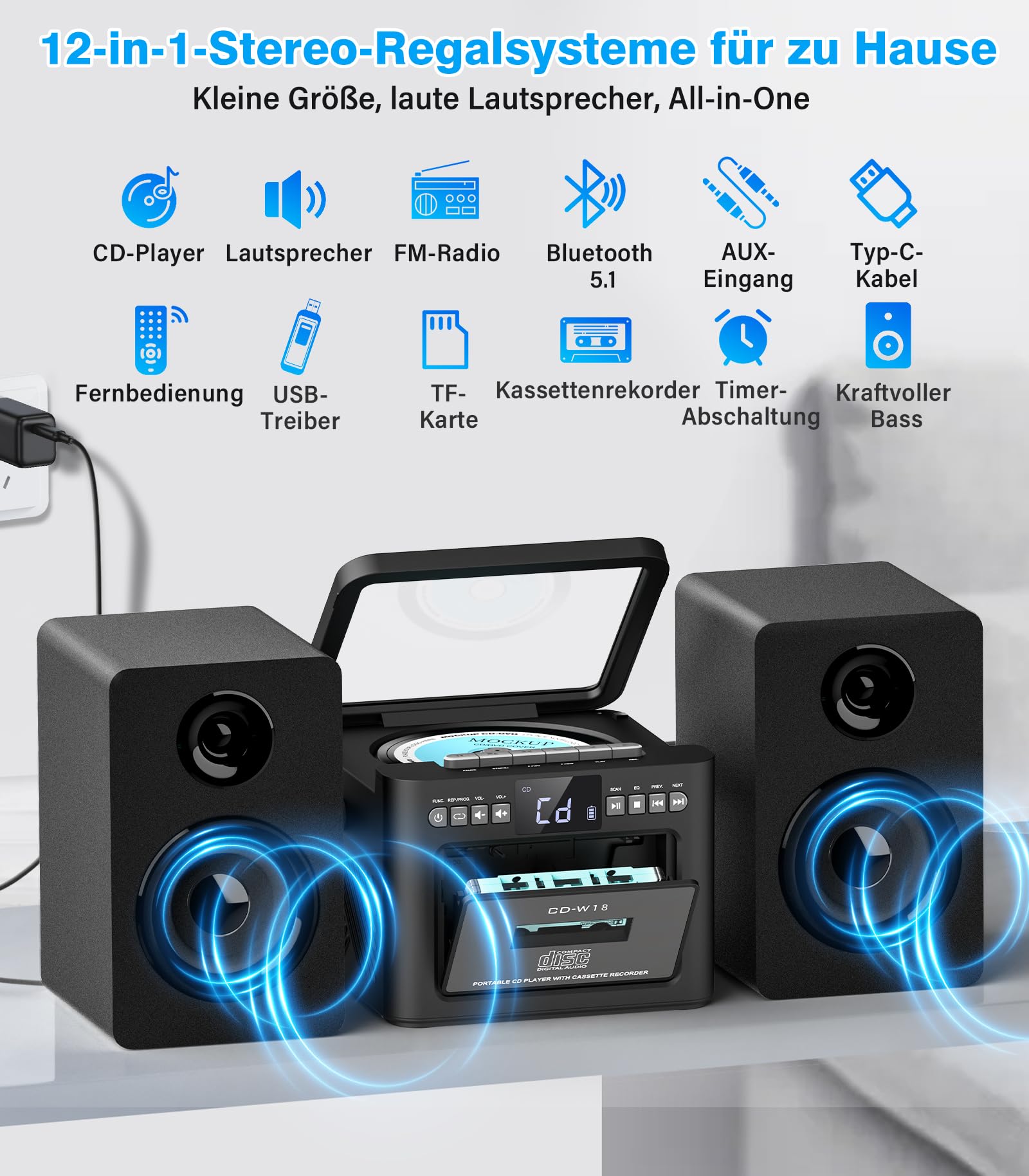 Greadio - Sistema estéreo con reproductor de CD y grabadora de cassette, altavoz de 40 W con Bluetooth 5.1, reproductor de cassette con radio FM, USB, TF, AUX, mando a distancia, equipo de música HiFi