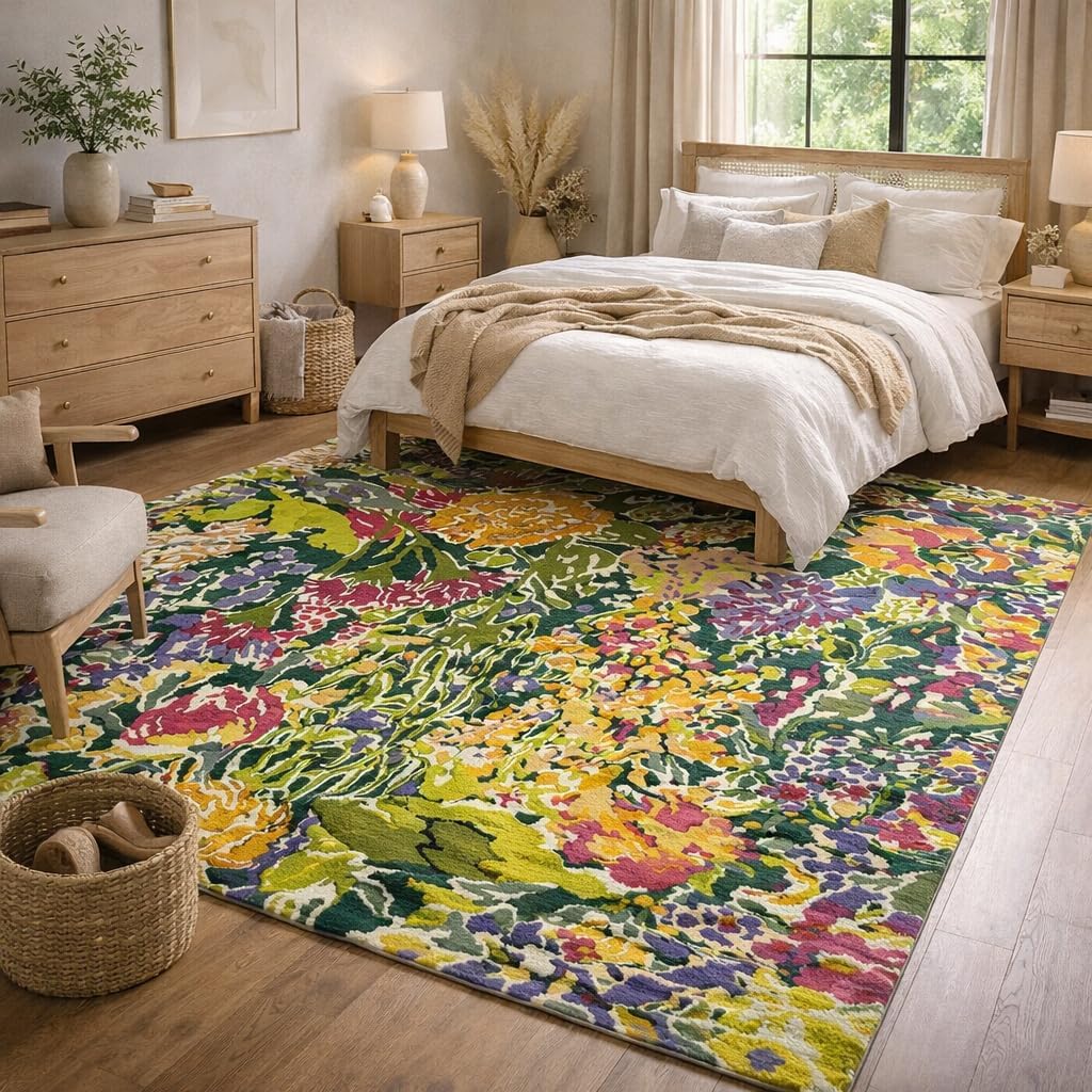 Handmade Hand Tufted Wool Rug, 7x10 Multicolor Botanical Floral Luxury Area Rug for Living Room, Bedroom, Dining Room