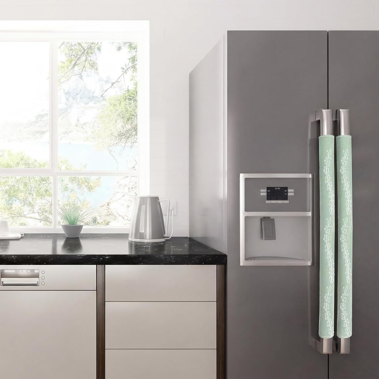 6 Pieces Sage Green Refrigerator Door Handle Cover with Vine Leaves Patterns for Kitchen Cabinets Microwave Oven or Dishwasher, Appliance Handle Covers for Decorations, Indoor Decor