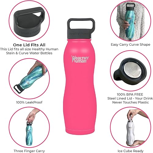 Miniatura 6 de Botella de agua curva saludable humana, sin BPA, de acero inoxidable, botella de agua deportiva, duradera, a prueba de fugas, aislada, Rosa