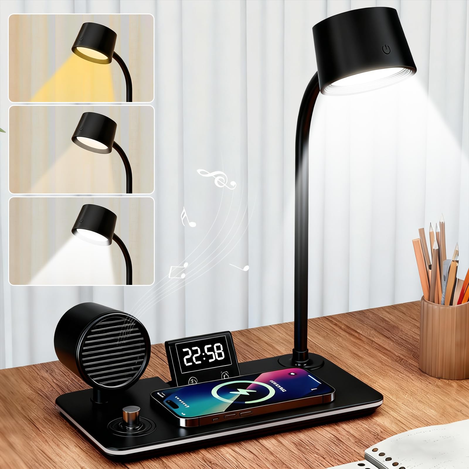 Desk Lamp with Wireless Charging, 4 in 1 LED Touch Smart Table Lamp with Bluetooth Speaker and Alarm Clock, 3 Light Modes Dimmable Eye-Caring Reading Lamp, 360° Rotating Gooseneck for Reading, Working