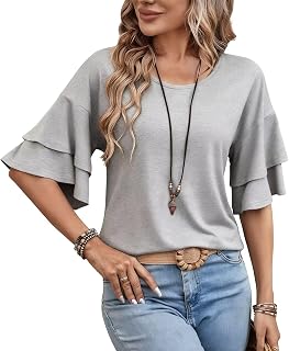 Womens Crew Neck Double Ruffle Short T-Shirt Spring Summer Fall Tops | Half Bell Trendy Loose Blouses Comfortable Breathable Skin Friendly Fashion Dressy Casual Elegant Business Vacations tees
