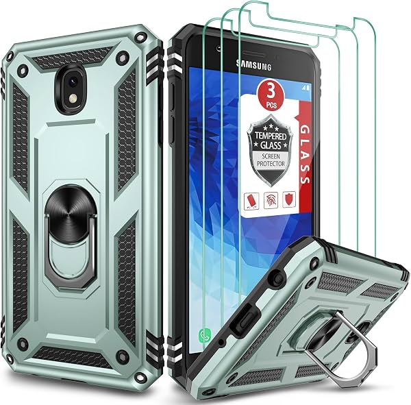 Para Galaxy J7 2018/J7 V/J7 Star/J7 Refine 2018 Funda, con [3 protectores de pantalla de vidrio templado], soporte de anillo integrado y soporte magnético para auto a prueba de golpes y caídas para Galaxy J7 (2018) - Verde