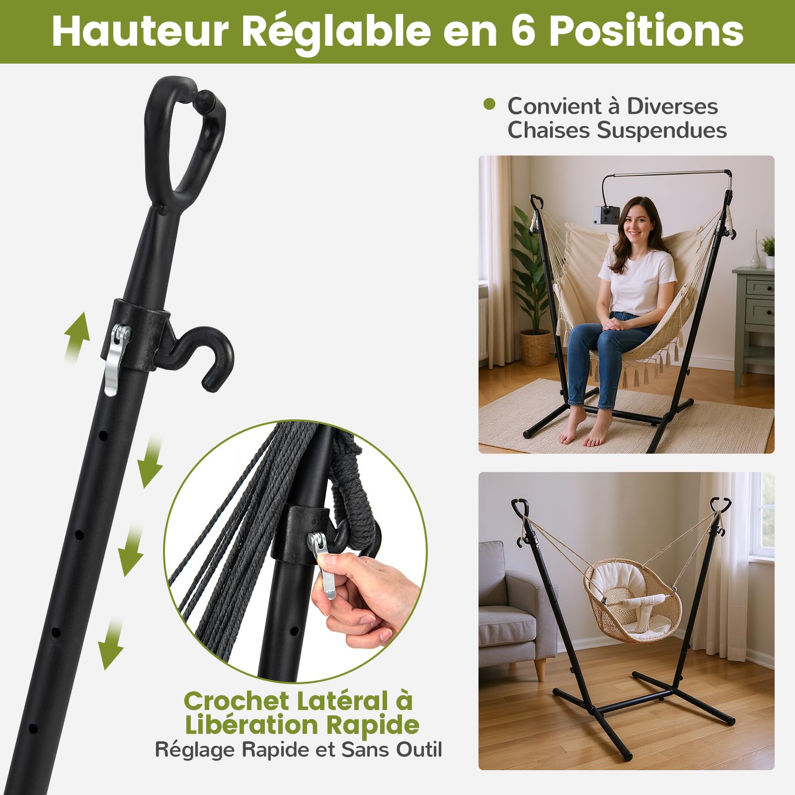 COSTWAY Hamac sur Pied avec Support en Métal, 6 Hauteurs 96-146 cm, Beige