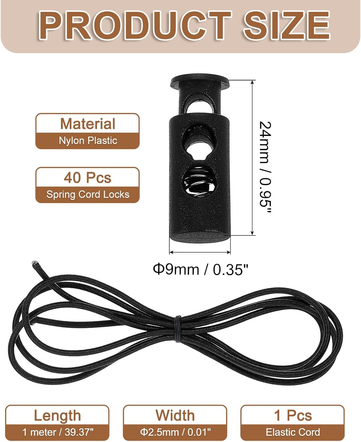uxcell 40 Pcs Double Hole Cord Locks with 39Inch Elastic Shock Cord, Plastic Spring Toggle Stopper Clip with Stretch String for Shoelaces Drawstrings Paracord, Black - Image 2