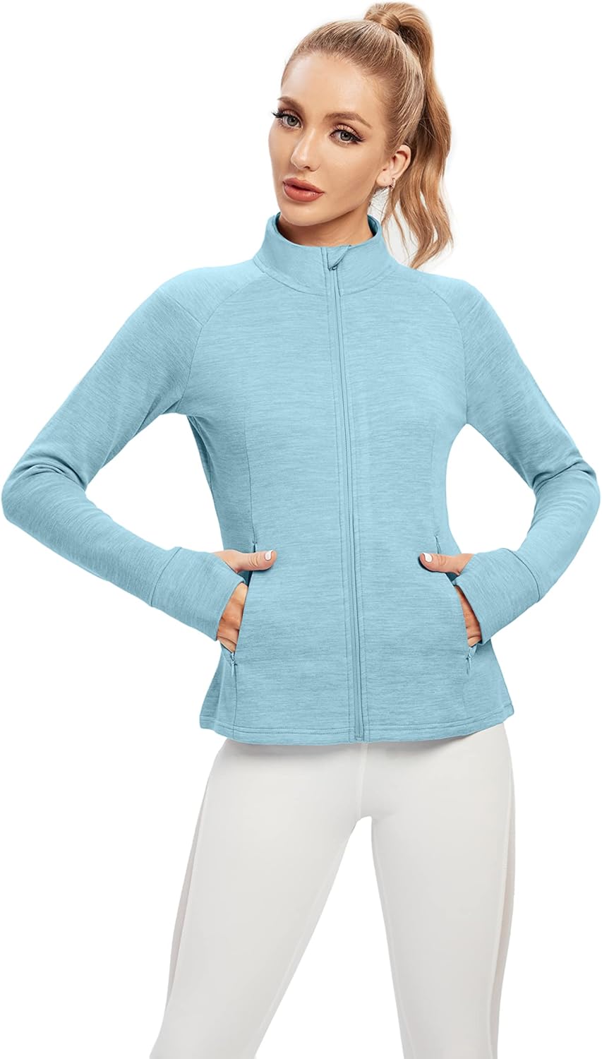 TIHEEN Womens Fleece Zip Up Jacket, Long Sleeve Warm Soft Polar Lightweight Coat with Pockets Thumb Holes