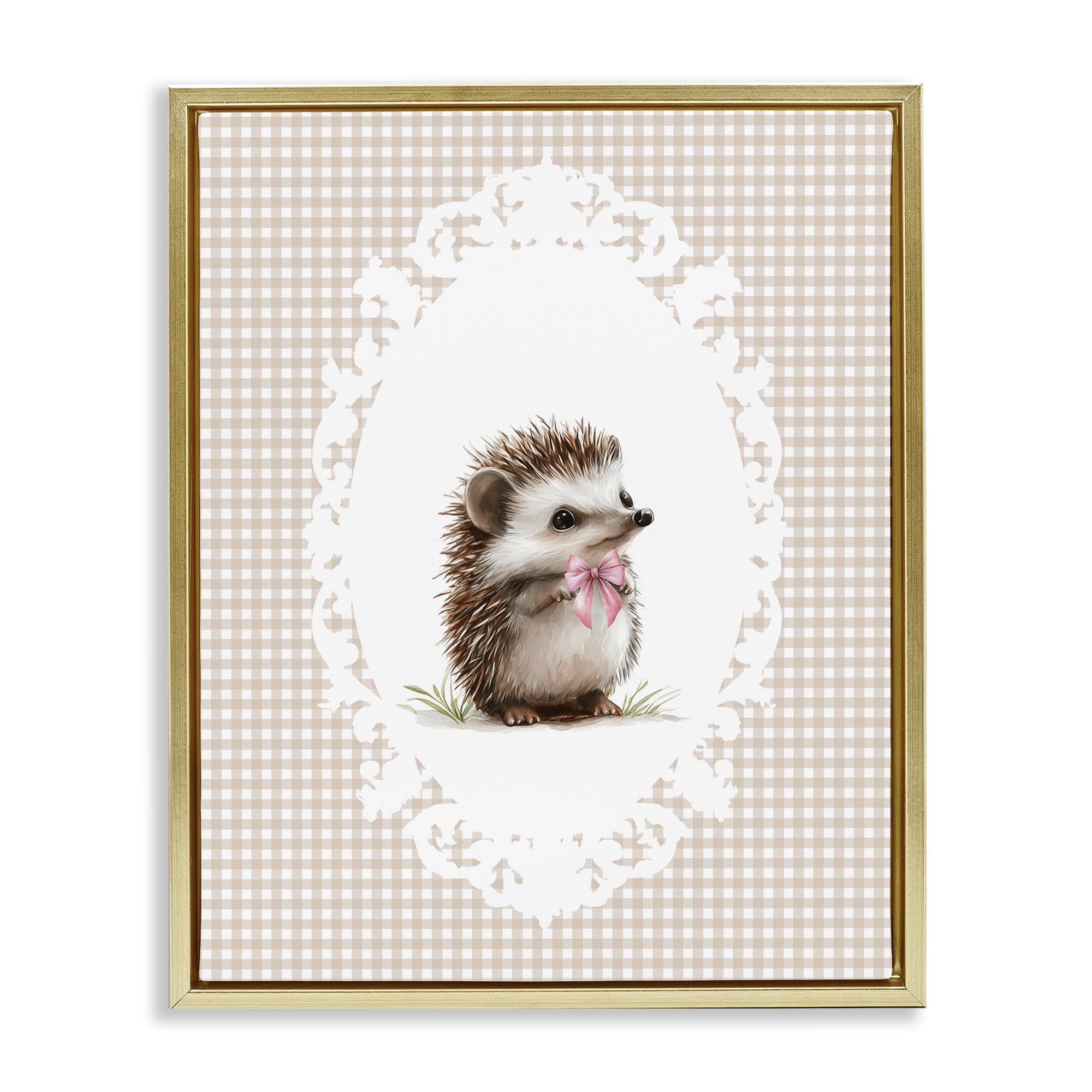 Stupell Industries Vintage Bow Hedgehog Gingham 'Vintage Bow Hedgehog On Gingham', Floating Frame Canvas Art, Gold, 25 X 31 Inches, Easy To Hang And Sturdy, Made In Usa, By Christine Simpson Art