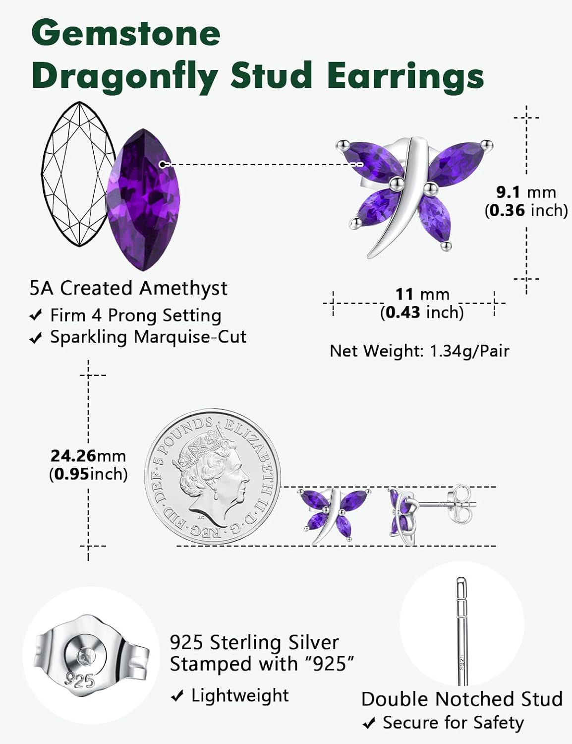 925 Sterling Silver Dragonfly Stud Earrings for Women Trendy Dainty Cute Earrings Ruby/Sapphire/Emerald Gemstone Studs Birthstone Anniversary Jewelry - Image 6
