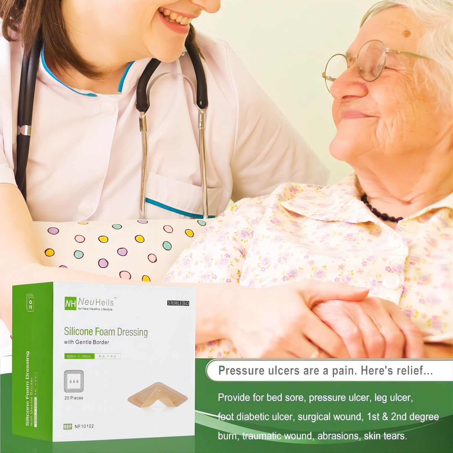 NeuHeils Silicone Foam Dressing with Gentle Border 4''x4'', 20 Pack for Bed Sore Leg Ulcer, High Absorbency Large Waterproof Silicone Wound Bandage - Image 7