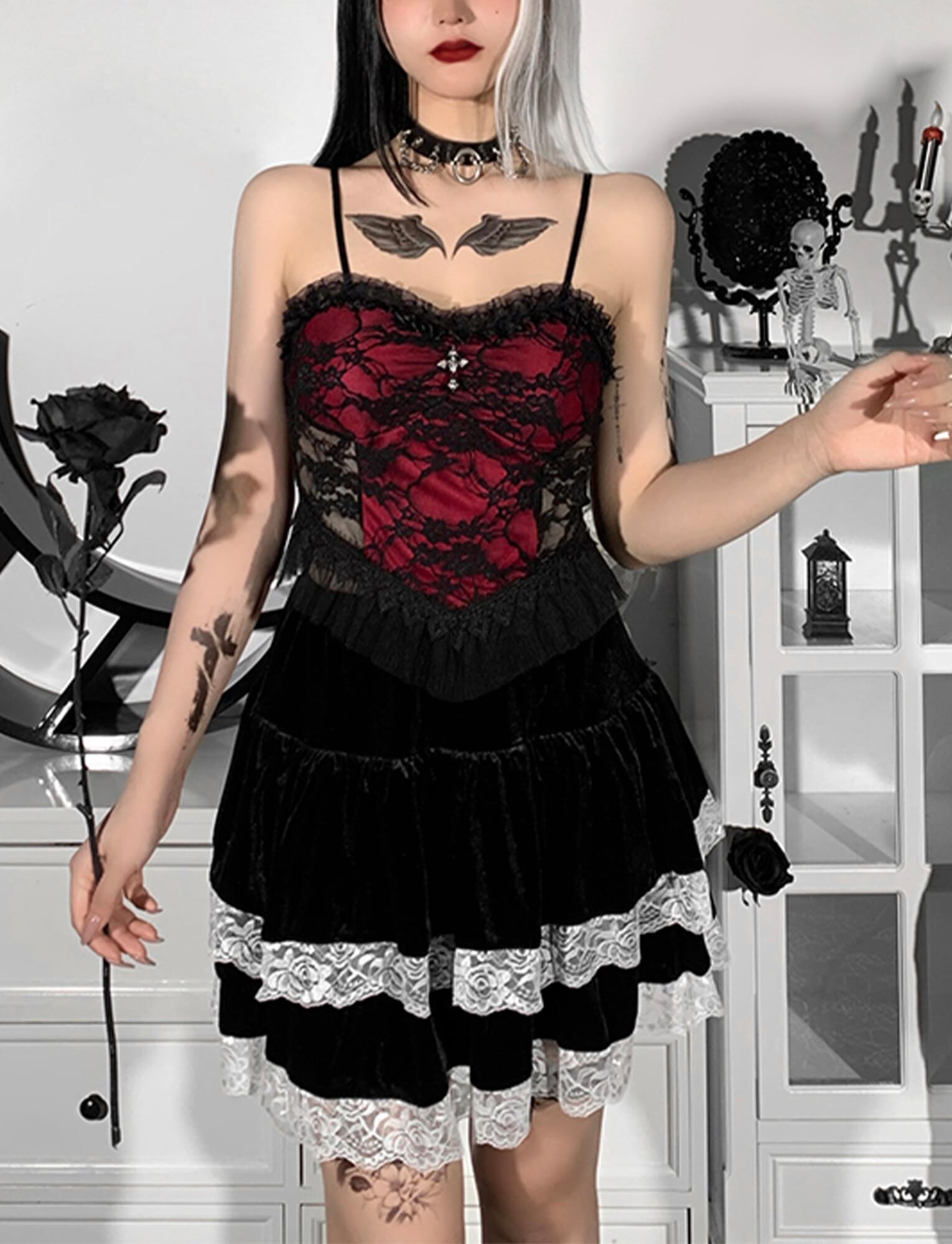 FEOYA Damen Gothic Tank Top Spitze Cami Crop Tops Goth V Ausschnitt Slim Fit Bustier Korsett Vintage Y2K Ärmellose Trägerweste