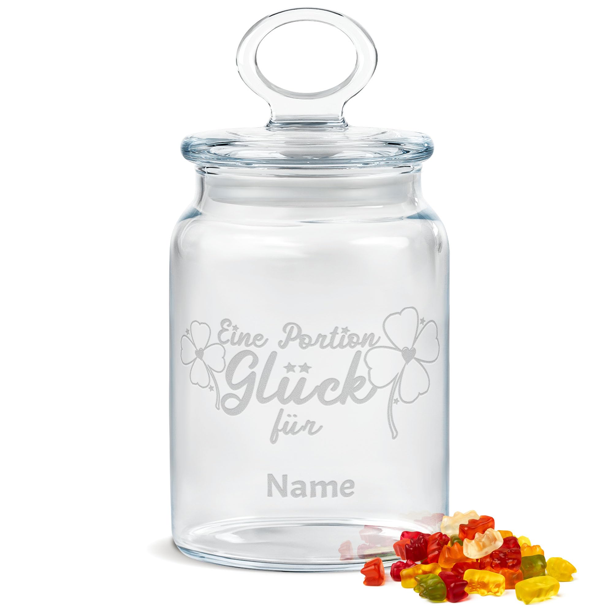 Print Royal PR Personalisierte Keksdose aus Glas mit Gravur - 800 ml - Eine Portion Glück mit Name selbst gestalten als Geschenk zum Geburtstag für Kollegen oder Freunde, Geschenk zu Weihnachten