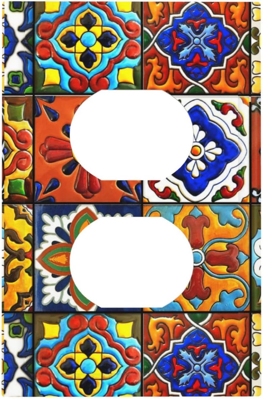 Mexican Talavera Ceramic Pattern 1 Gang Electrical Outlet Covers Single Duplex Wall Plate Decorative Receptacle Light Switch Cove for Bathroom Bedroom Decorate