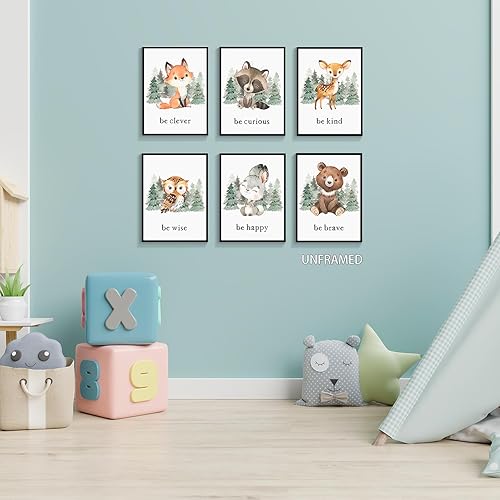 Miniatura 7 de gooptyinh Arte de pared en lienzo de animales del bosque para guardería, 6 pósters de impresión inspiradores de animales del bosque, citas