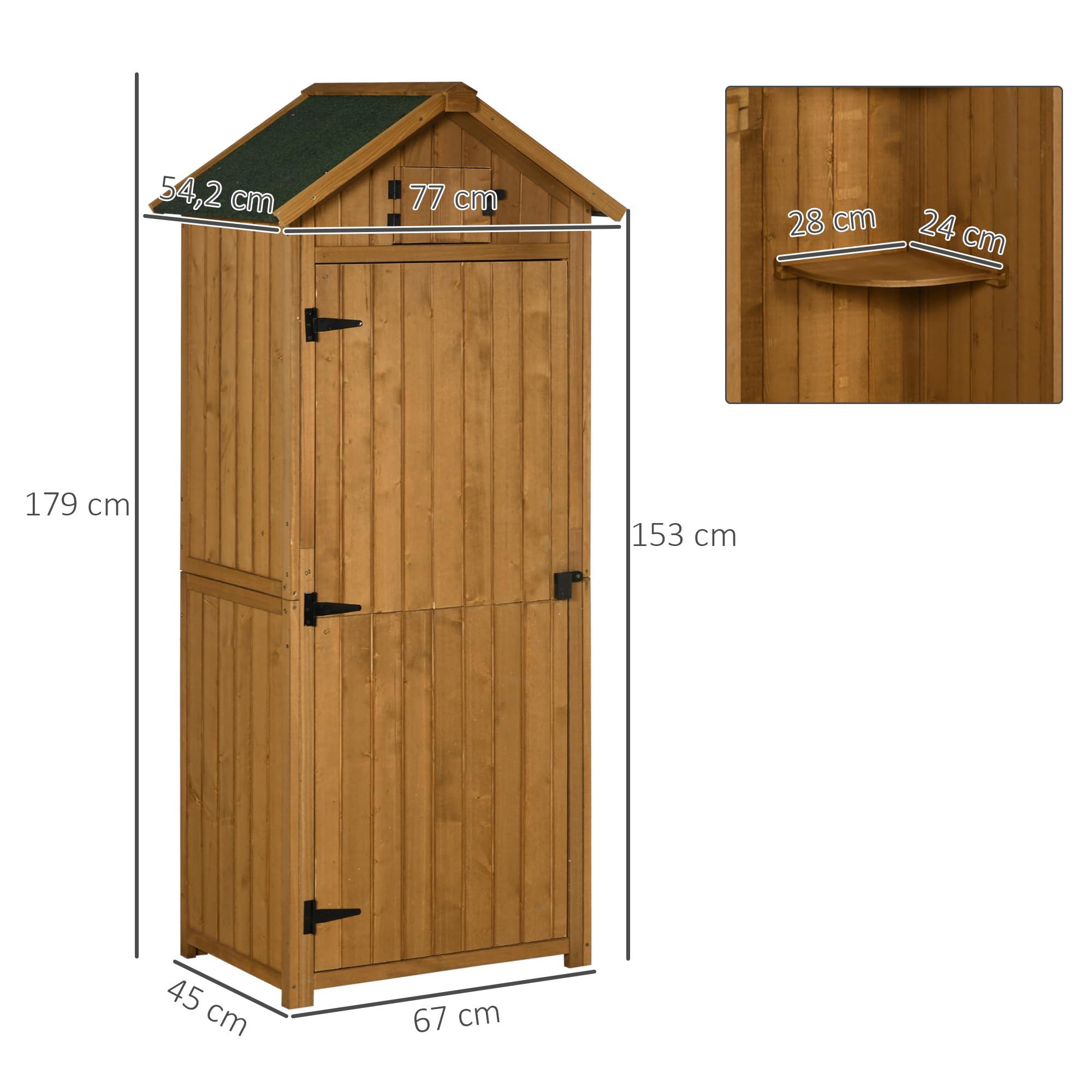 Outsunny Armario de Jardín de Madera 77x54,2x179 cm 0,3 m² Cobertizo para Almacenaje de Herramientas con 3 Estantes y 2 Puertas con Cerrojo para Patio Terraza Natural y Verde — view 7