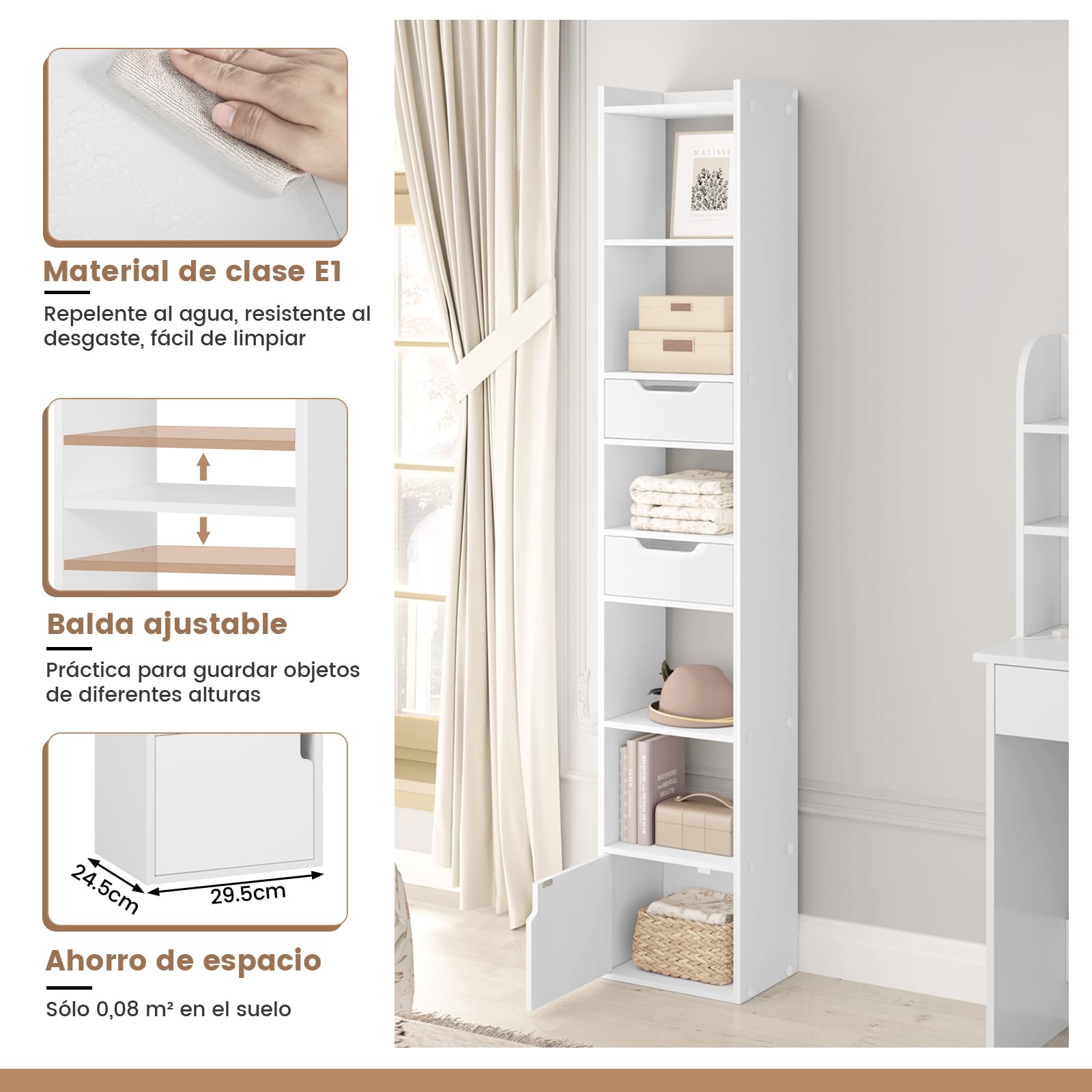 WOLTU Estanteria Alta de 6 Compartimentos, Libreria con 2 Cajones y 1 Armario con Puerta, Estante de Almacenaje, Estantería de Piso para Salon y Oficina, Blanco, SK042ws