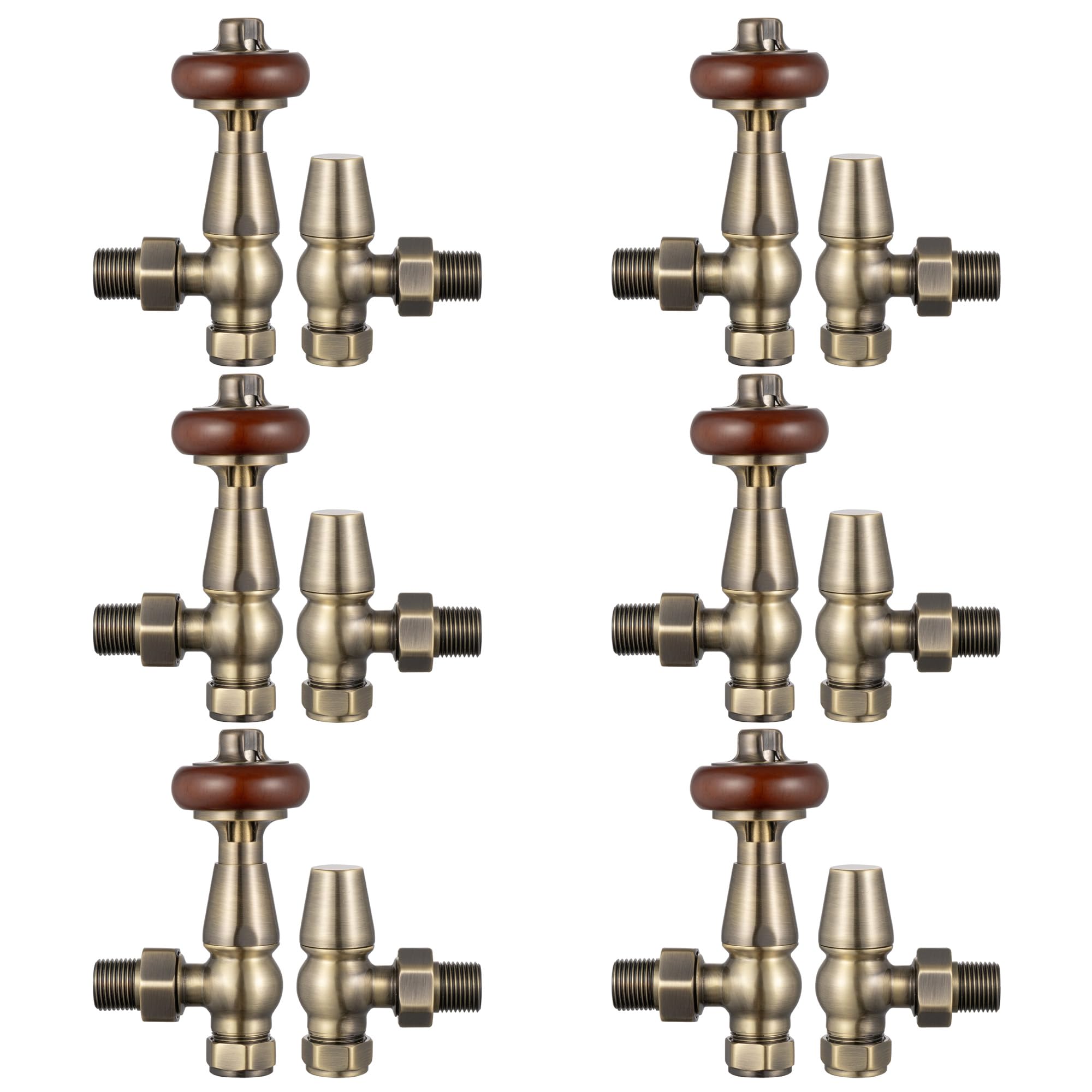 VANCOCO 6 Pcs Traditional Antique Brass Angled Radiator Valves & Lockshield 1/2"×15mm, Thermostatic TRV Pair for Cast Iron or Modern Radiators with Solid Wood Handwheel — image 1