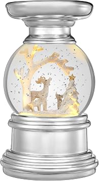 Haute Decor Snowburst 7 Inch Battery Operated Deer in Woods Christmas Snow Globe with Candle Holder and Built-in Timer, 3 Warm White LEDs and Pulsing Snow Swirls for Pillar Candles