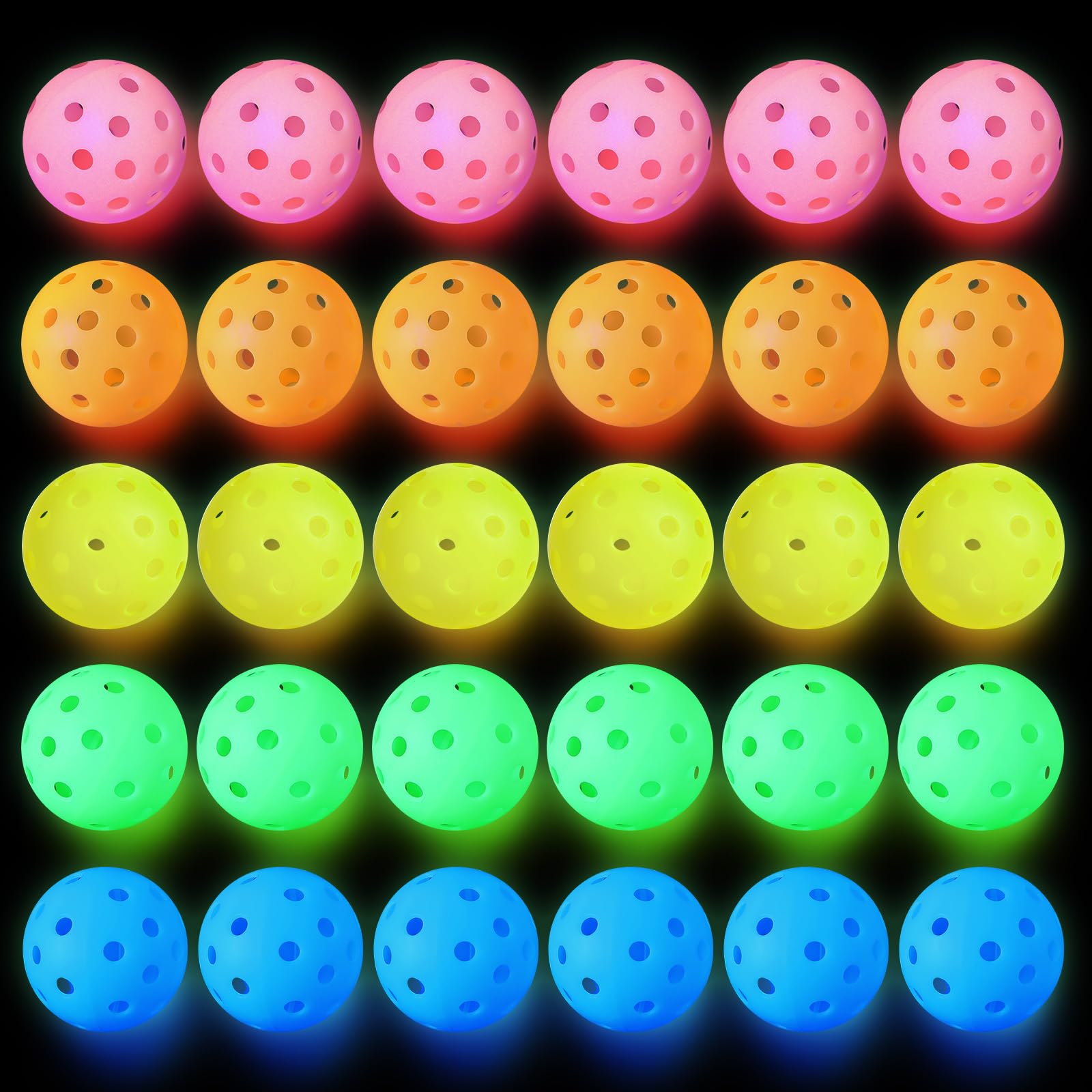 Tradder 30 Stück leuchtende Baseballbälle aus Kunststoff, 40 Löcher, mehrfarbig, leuchtet im Dunkeln, Golfbälle für Outdoor, Indoor-Turnier, Spieltraining für alle Paddelstile, 7,4 cm