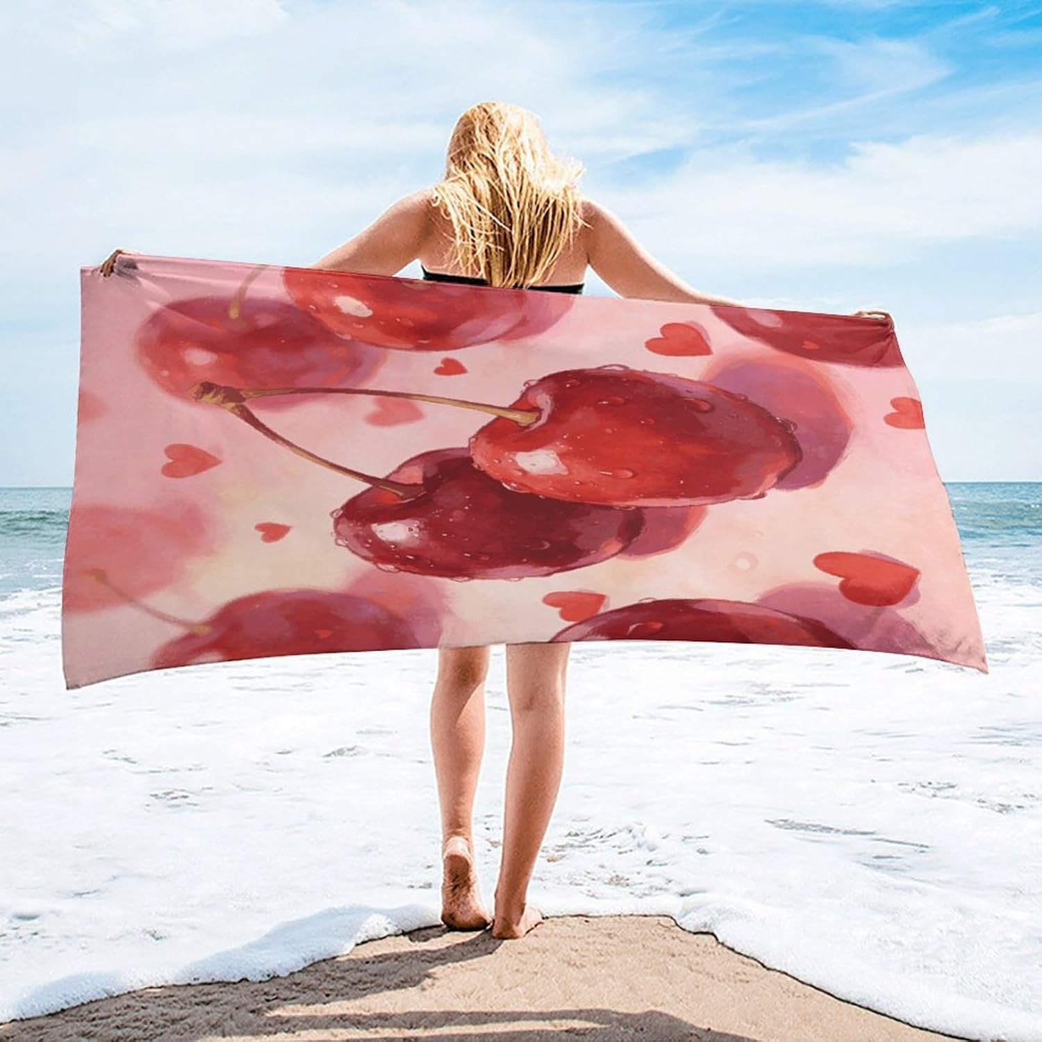 Cherries and Hearts Bath Towel, Highly Absorbent & Quick Drying Beach Towel, Compact & Lightweight Pool Towel for Bathroom, Beach, Pool, Gym, Spa, and Hotel Use
