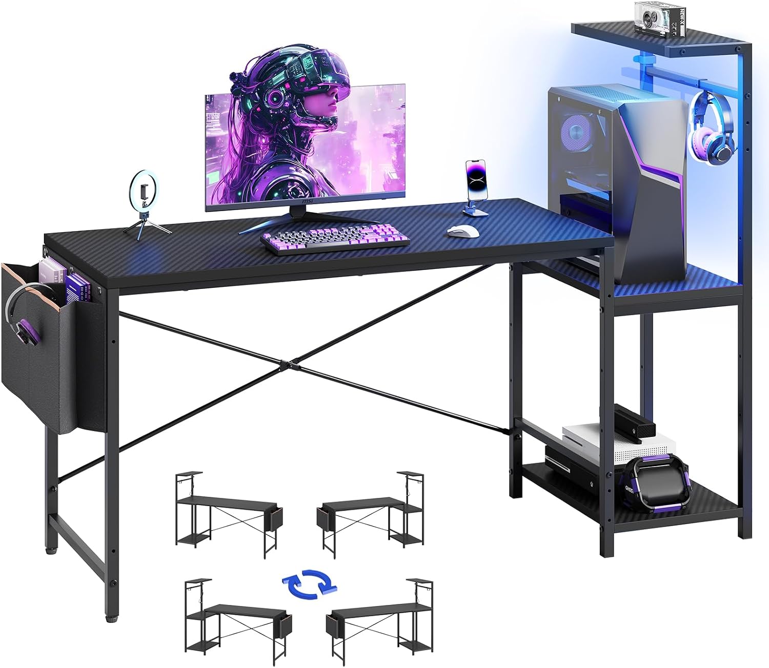 60'' Gaming Desk with LED Lights, Side Storage Bag, Black