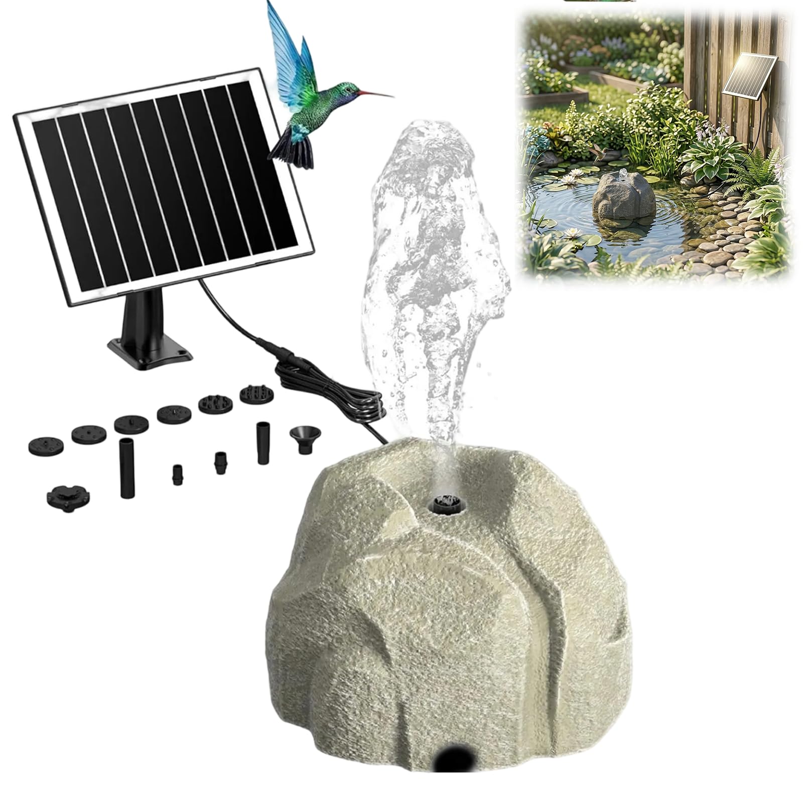 Realistic Granite Rock Solar Fountain, Resin Birdbath Water Pumps，White