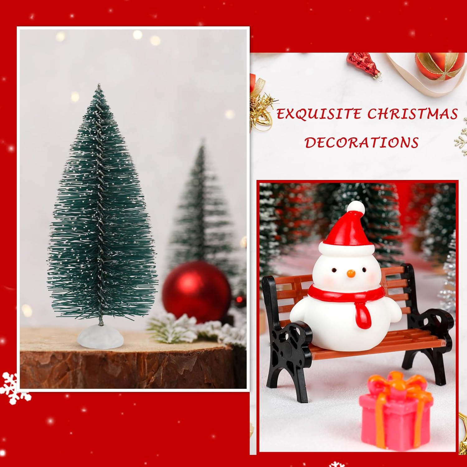 ONESING 32 Pcs Christmas Village Accessories Bottle Brush Trees with Bench Pathway Light Miniature Christmas Village Sets for Xmas DIY Crafts Christmas Holiday