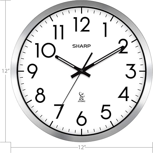 Miniatura 5 de SHARP Reloj de pared analógico atómico de 12 pulgadas, acabado plateado cepillado, funciona automáticamente, funciona con pilas, fácil de leer,