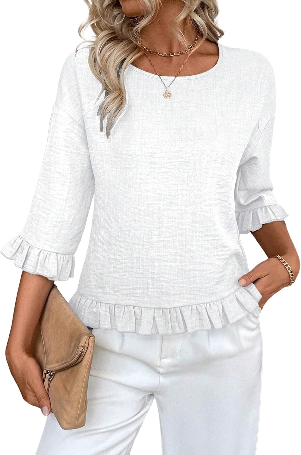 Urchics Womens Ruffle 3/4 Sleeve Tops Casual Linen Blouses Crew Neck Drop Shoulder Dressy Shirts Fall Outfits