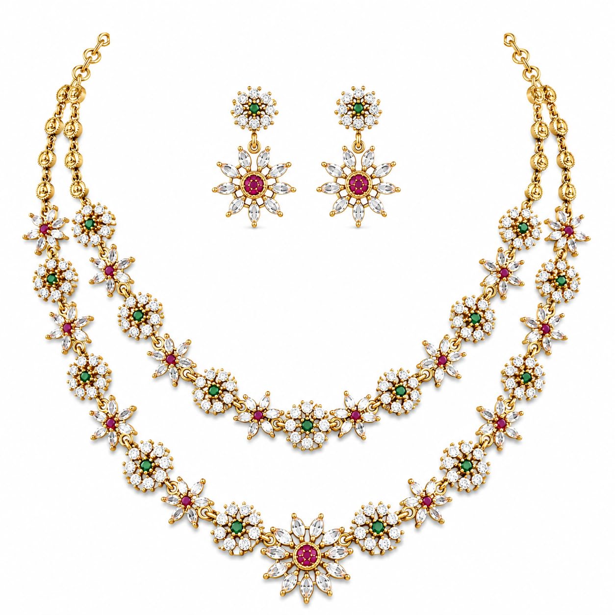 Micro Gold Plated Double Layer American Diamond Necklace Set for Women | Green & Ruby AD Stone Floral Bridal Jewellery Set with Earrings | Traditional Wedding Party Designer Ethnic Jewelry-image-21