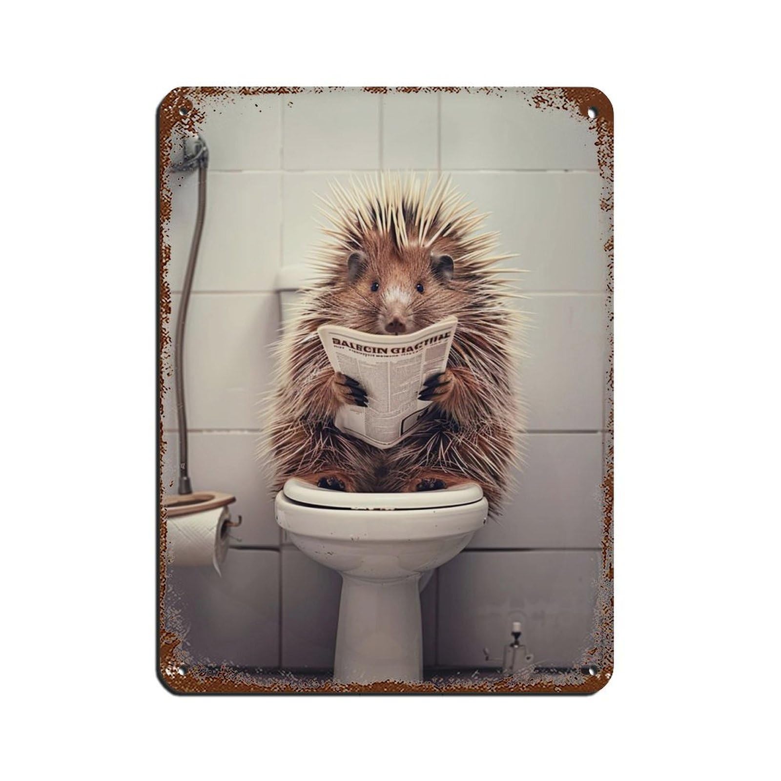 Porcupine Sitting on The Toilet Reading A Newspaper (4) Tin Sign Vintage Metal Pub Club Cafe Bar Home Wall Art Decoration Poster Retro 12x16inch(30x40cm)