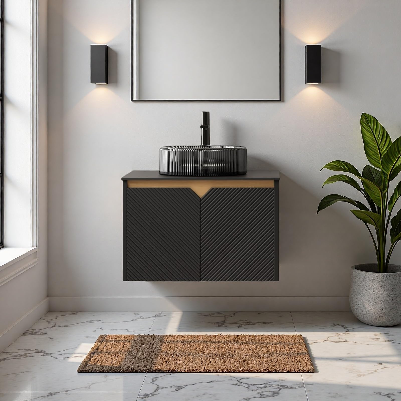 24" Bathroom Vanity with Sink, Wall-Mounted Bathroom Vanity with Transparent Black Round Glass Basin, Modern Plywood Floating Vanity with Twill Double Doors, Bathroom Storage Cabinet, Black