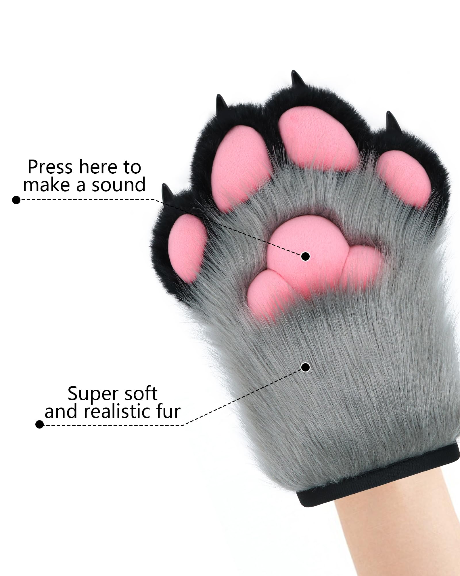 BNLIDES Cosplay Fursuit Paw Gloves Furry Claw Gloves Built-in Whistle Decompression Toys Costume Party Accessories for Adult: Grey-black