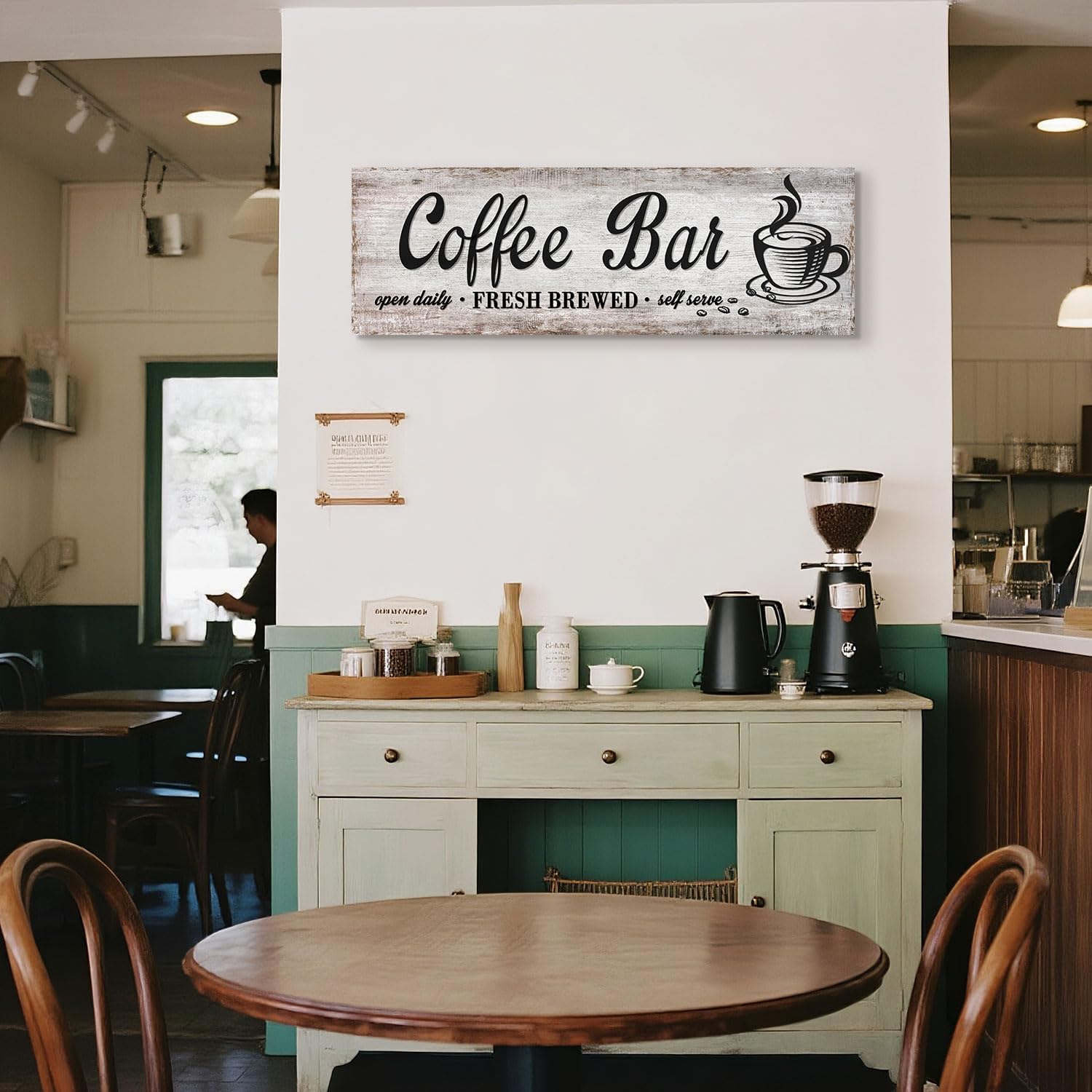 Rustic Wood Grain Coffee Station Decor - Retro Coffee Bar Signs for Kitchen - Self Serve Fresh Brewed Open Daily, Large