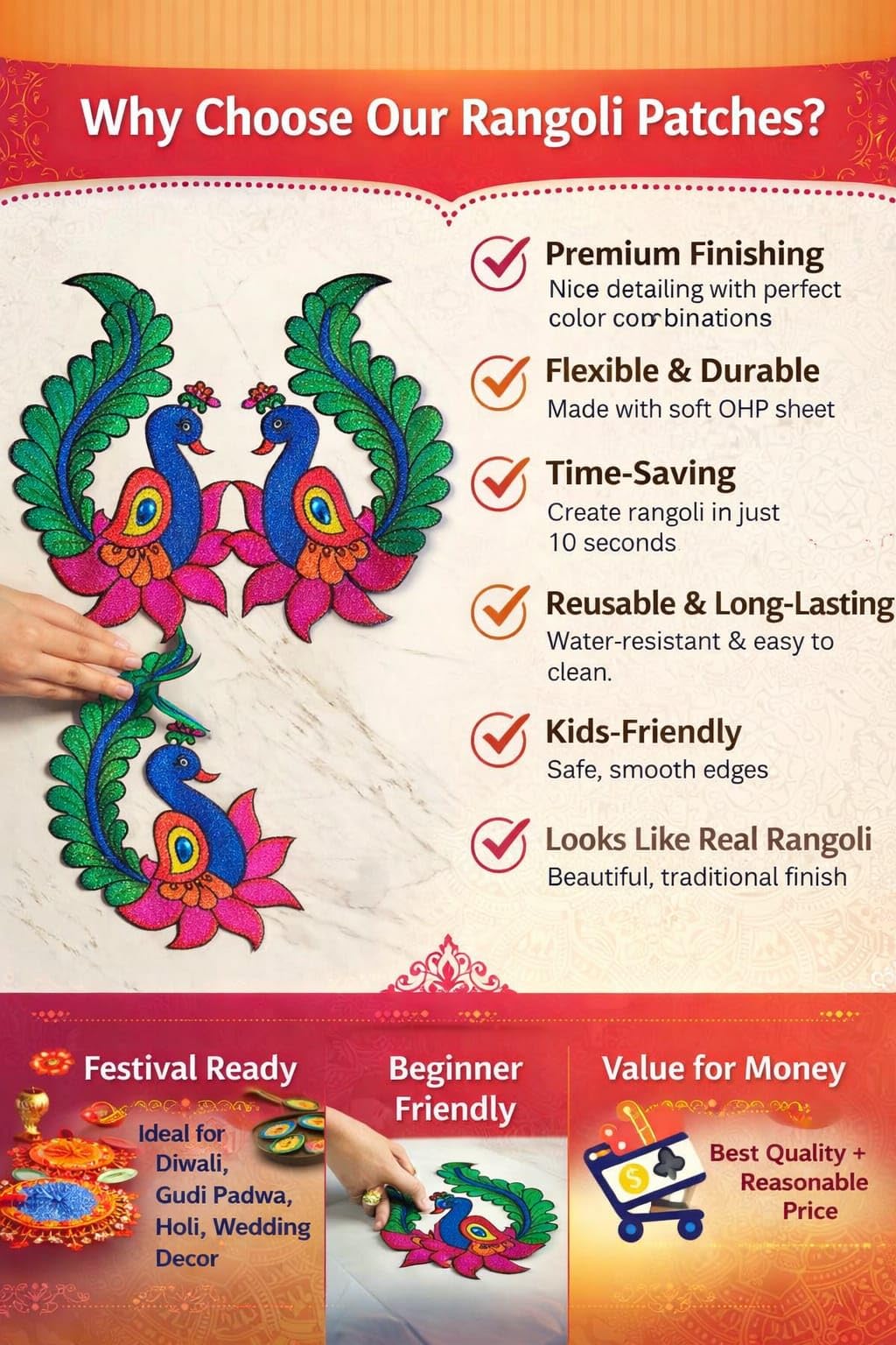 Peacock Design Rangoli Patches, Ready to Use Floor Decor for Festivals and Special Occasions, Colorful Embroidered Peacock with Lotus 2