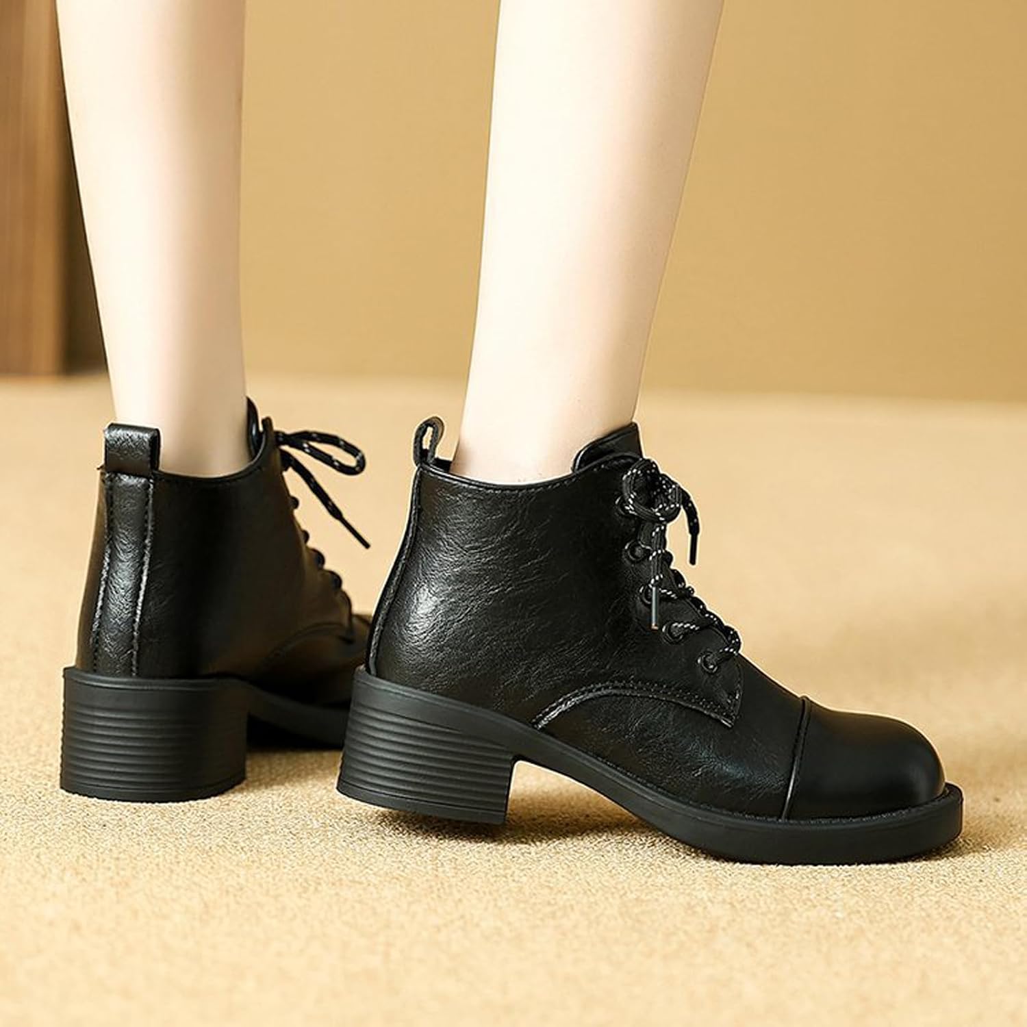 Women'S Leather Lace Up Chunky Heel Ankle Boots Fashion Round Toe Non slip Comfort Stacked Block Heel Casual Dressy Short Booties