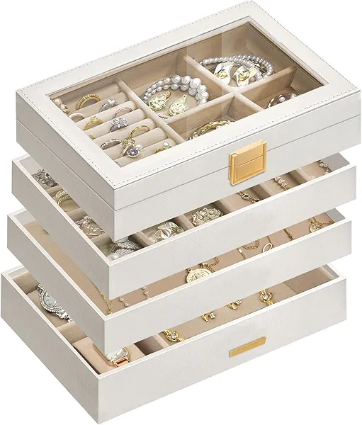 XTQINJIN Stackable Jewelry Trays, 4-Tier Jewelry Box, Drawer Storage Organizer Display Case with Glass Lid, Removable Divider, Large Capacity for Earring Necklace Bracelet Watch Rings(White)