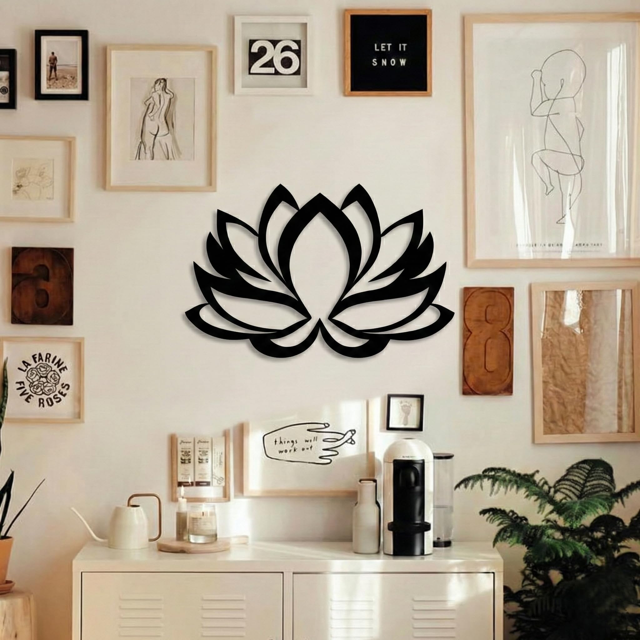 DEKADRON Arte de pared de metal, flor de loto, decoración de pared de metal para el hogar, la oficina, el estudio de yoga, negro