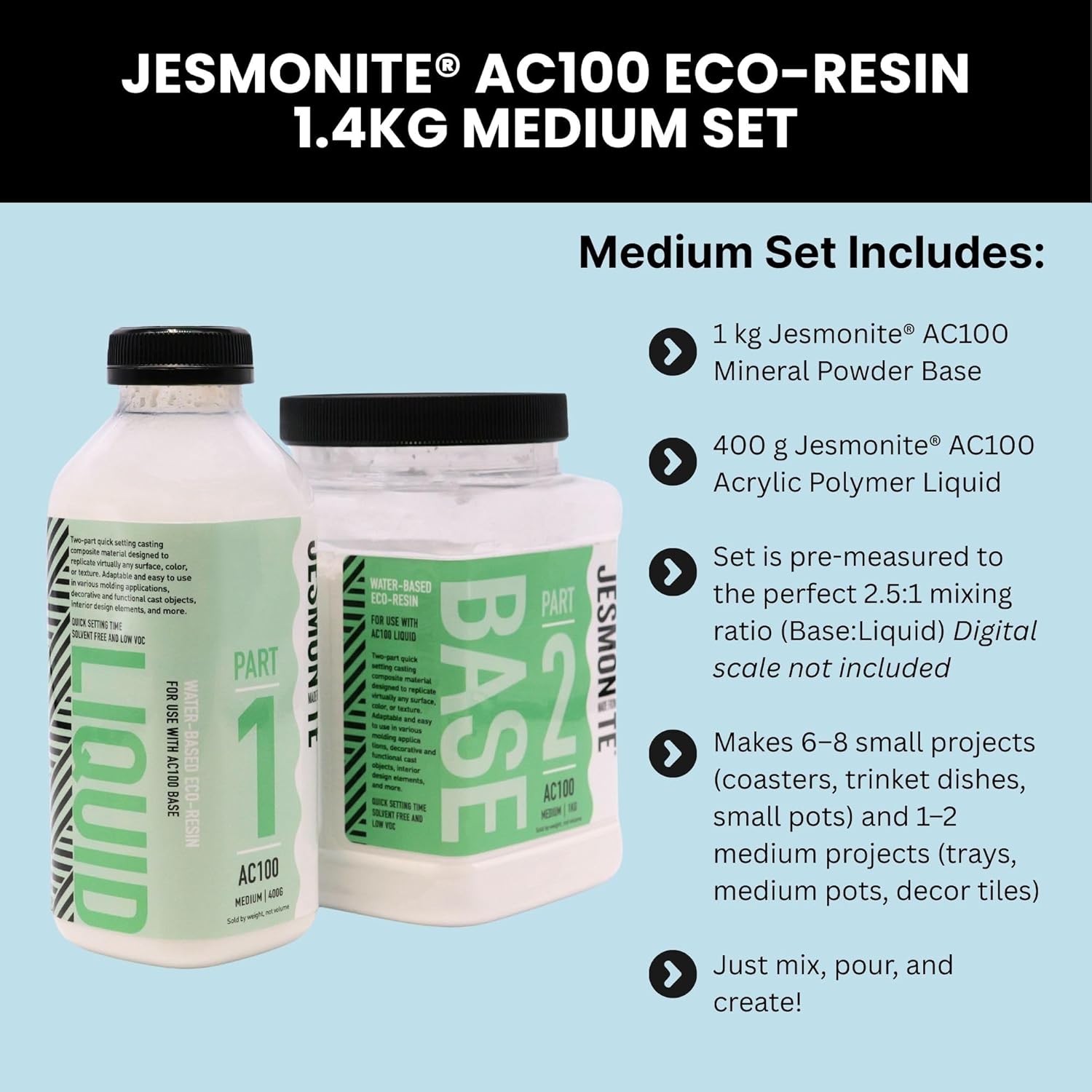 Jesmonite AC100 Eco-Resin Water-Based Casting Material for DIY Projects, Two-Part Powder Base and Liquid Set, Solvent Free Resin Alternative, Medium 1.4kg Set