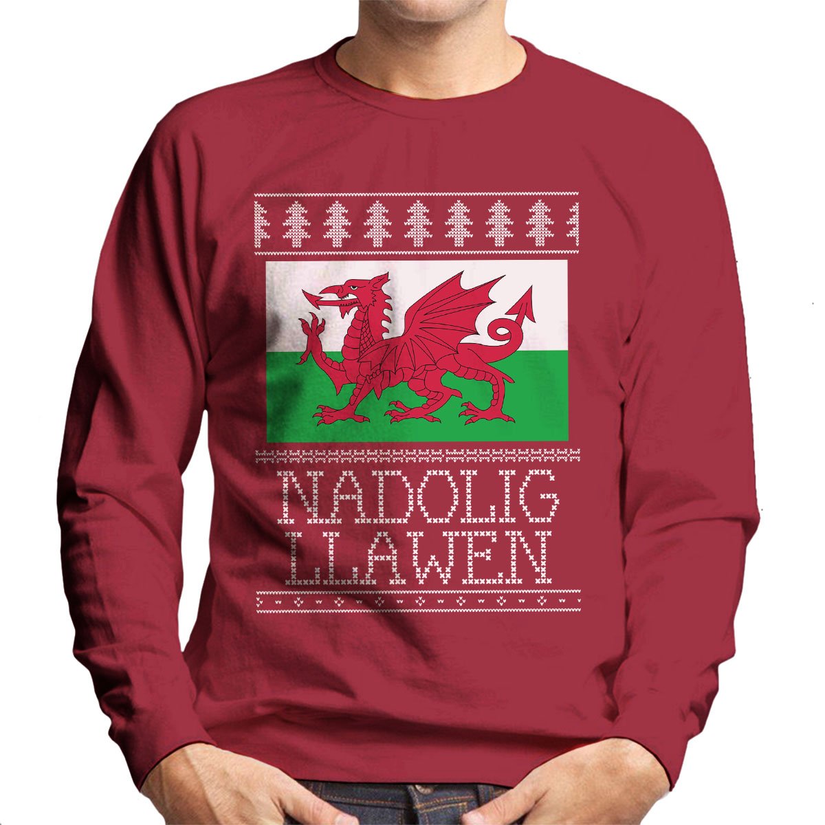 Cloud City 7 Men's Cherry Red Wales Flag Christmas Knit Sweatshirt