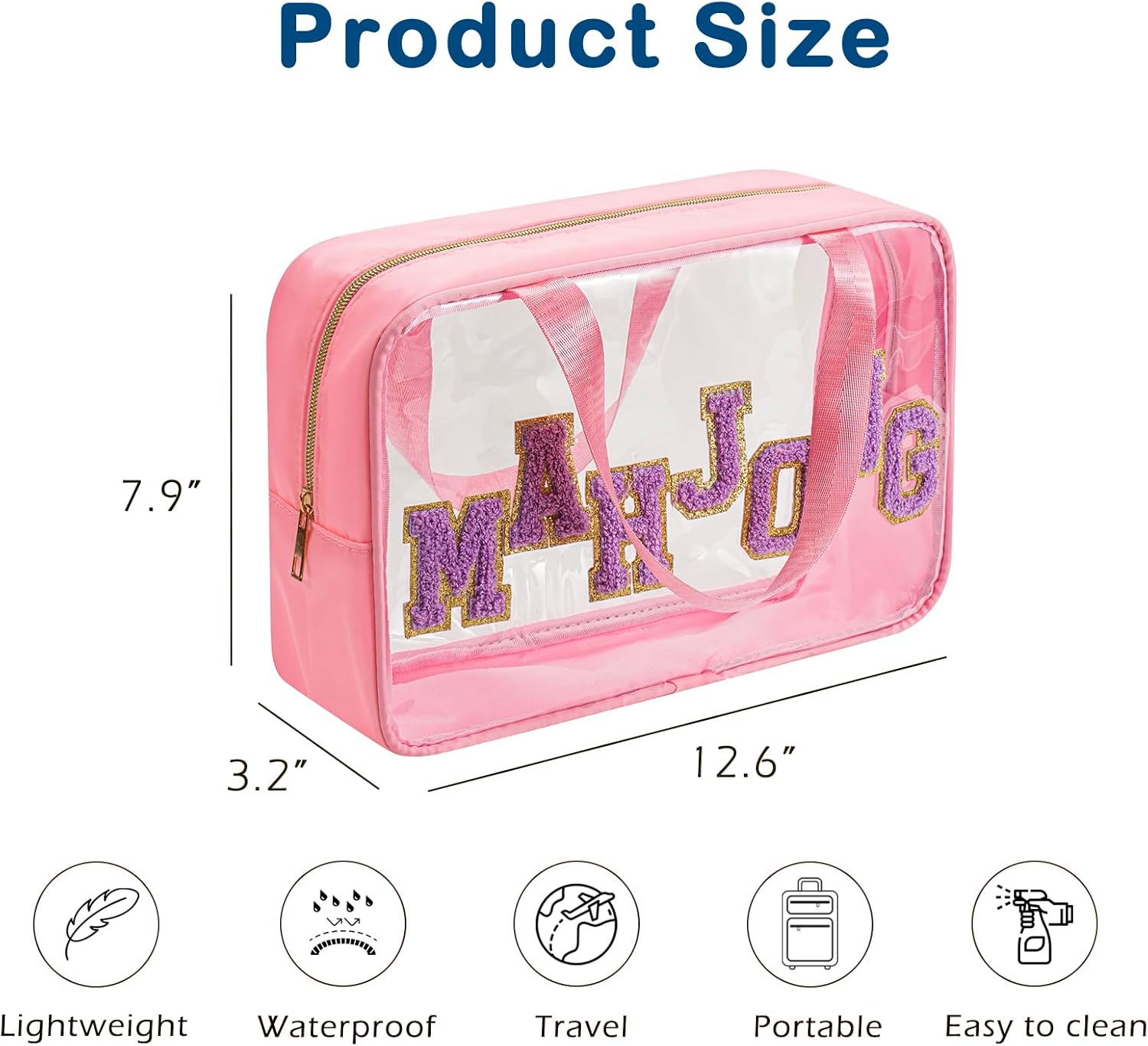 RSRSLEII Empty Mahjong Bag, Suitable for 1.2 "(30mm) Standard Size American Mahjong Tiles, Transparent Chenille Letters Mahjong Tile Bag with Zipper and Handle, Clear Mahjong Case,Case Only (01Pink)